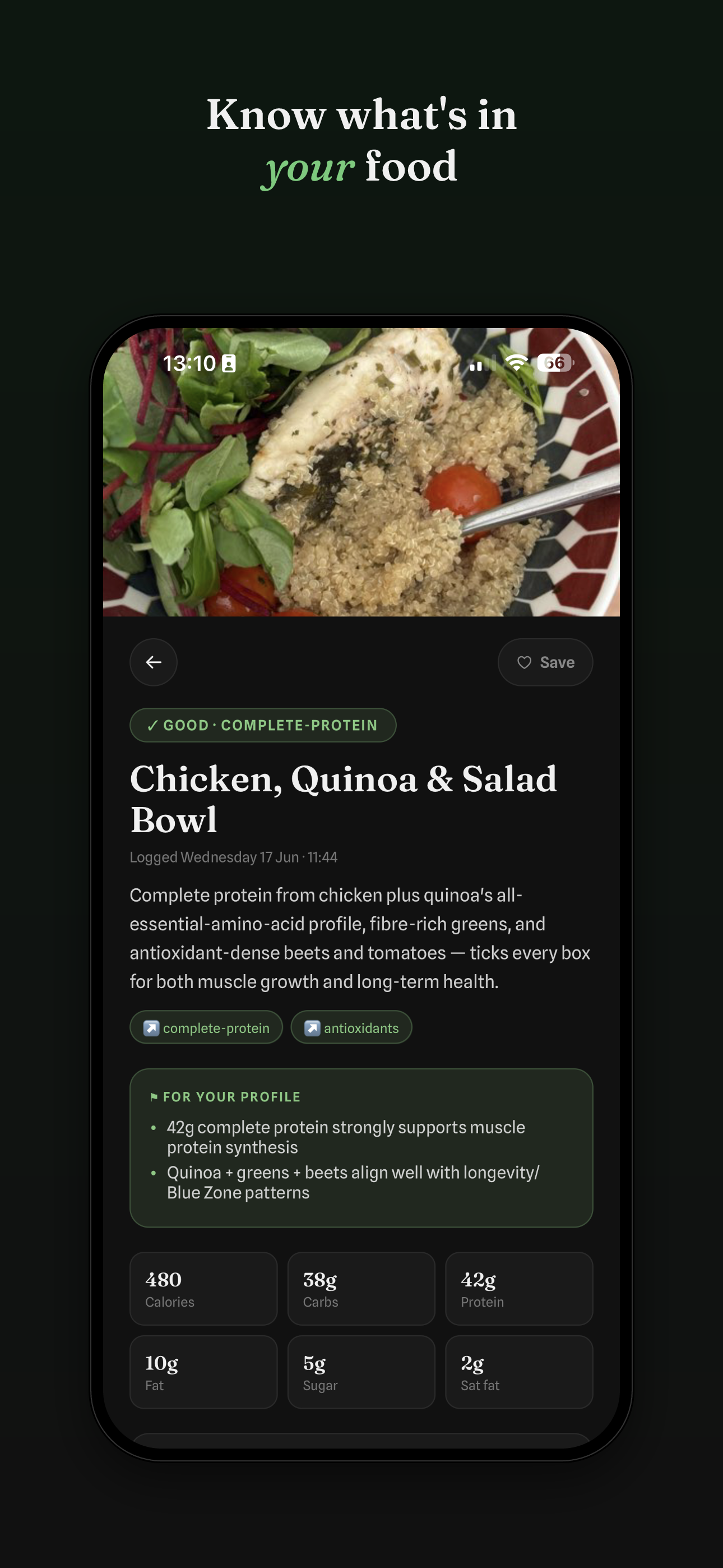 A scanned meal with a GOOD verdict and macros